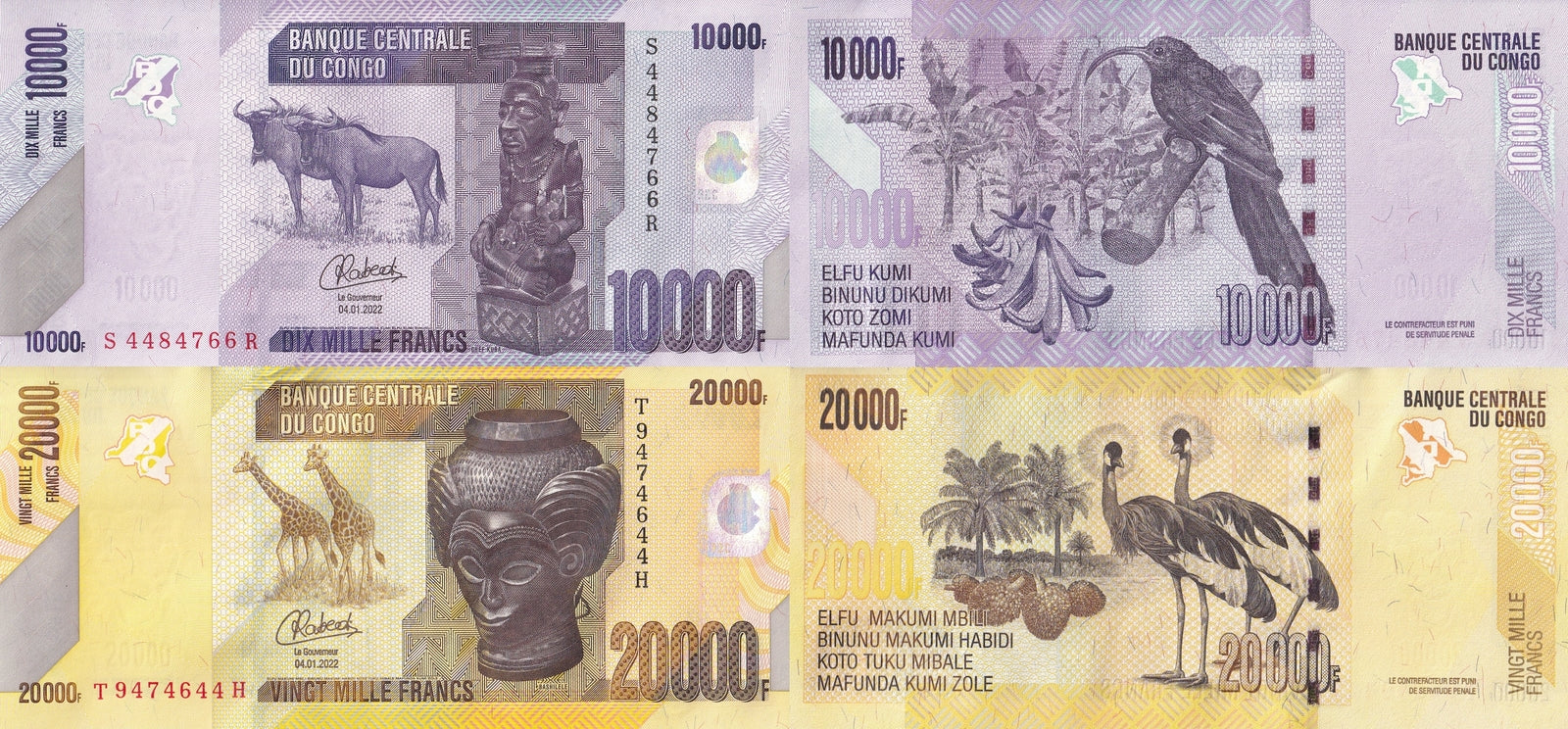 Congo 1000 2000 Francs 2022 P 103 104 UNC Set 2 pcs