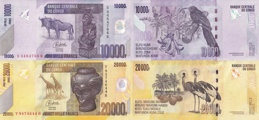 Congo 1000 2000 Francs 2022 P 103 104 UNC Set 2 pcs