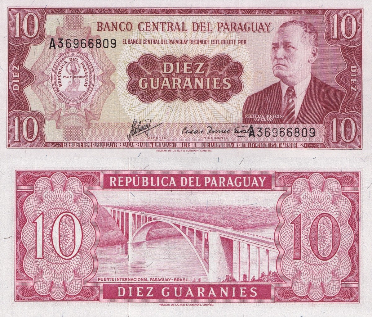 Paraguay 10 Guaraníes 1952 P 196 UNC 1/20 Bundle Lot 5 pcs