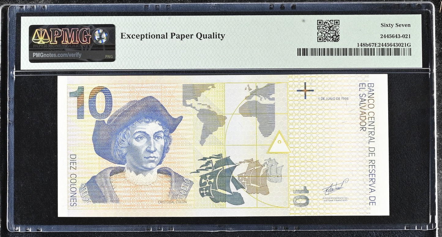 El Salvador 10 Colones 1998 P 148b UNC PMG 67 EPQ 2nd TOP POP