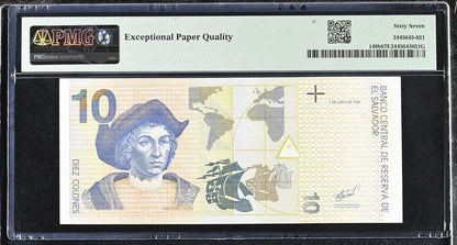 El Salvador 10 Colones 1998 P 148b UNC PMG 67 EPQ 2nd TOP POP