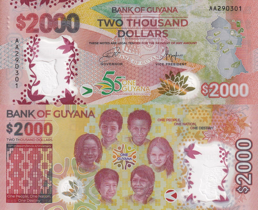 Guyana 2000 Dollars 2022 P 42 Polymer UNC Commemorative AA Frist Prefix