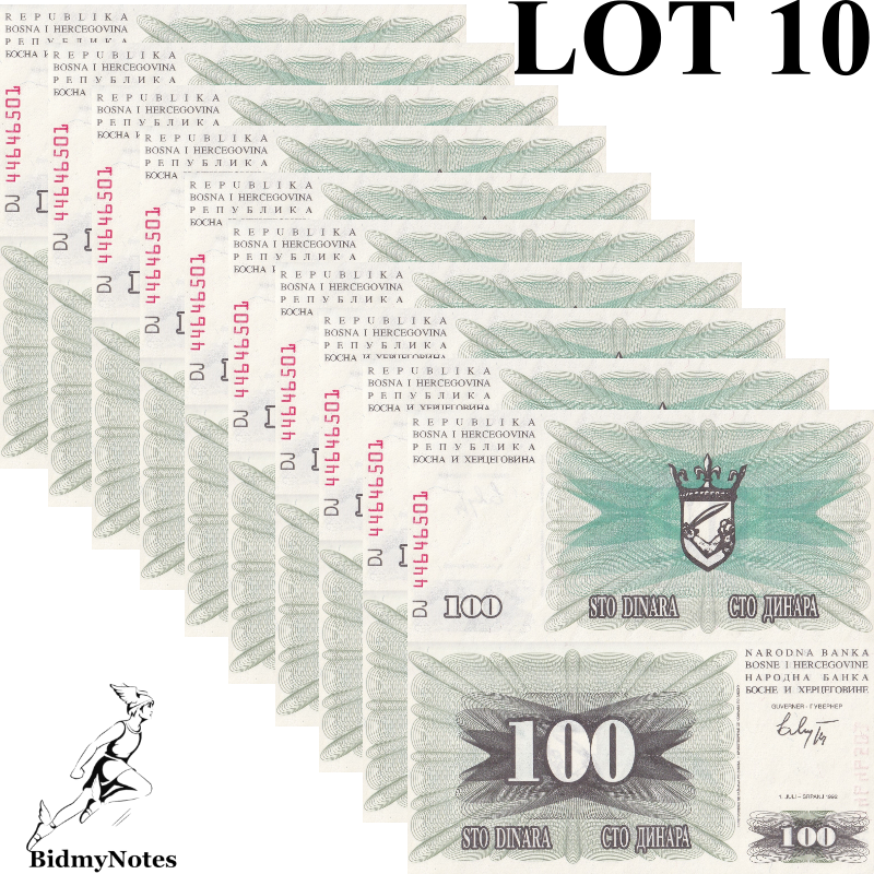 Bosnia Herzegovina 100 Dinara 1992 P 13 UNC 1/10 Bundle LOT 10 pcs