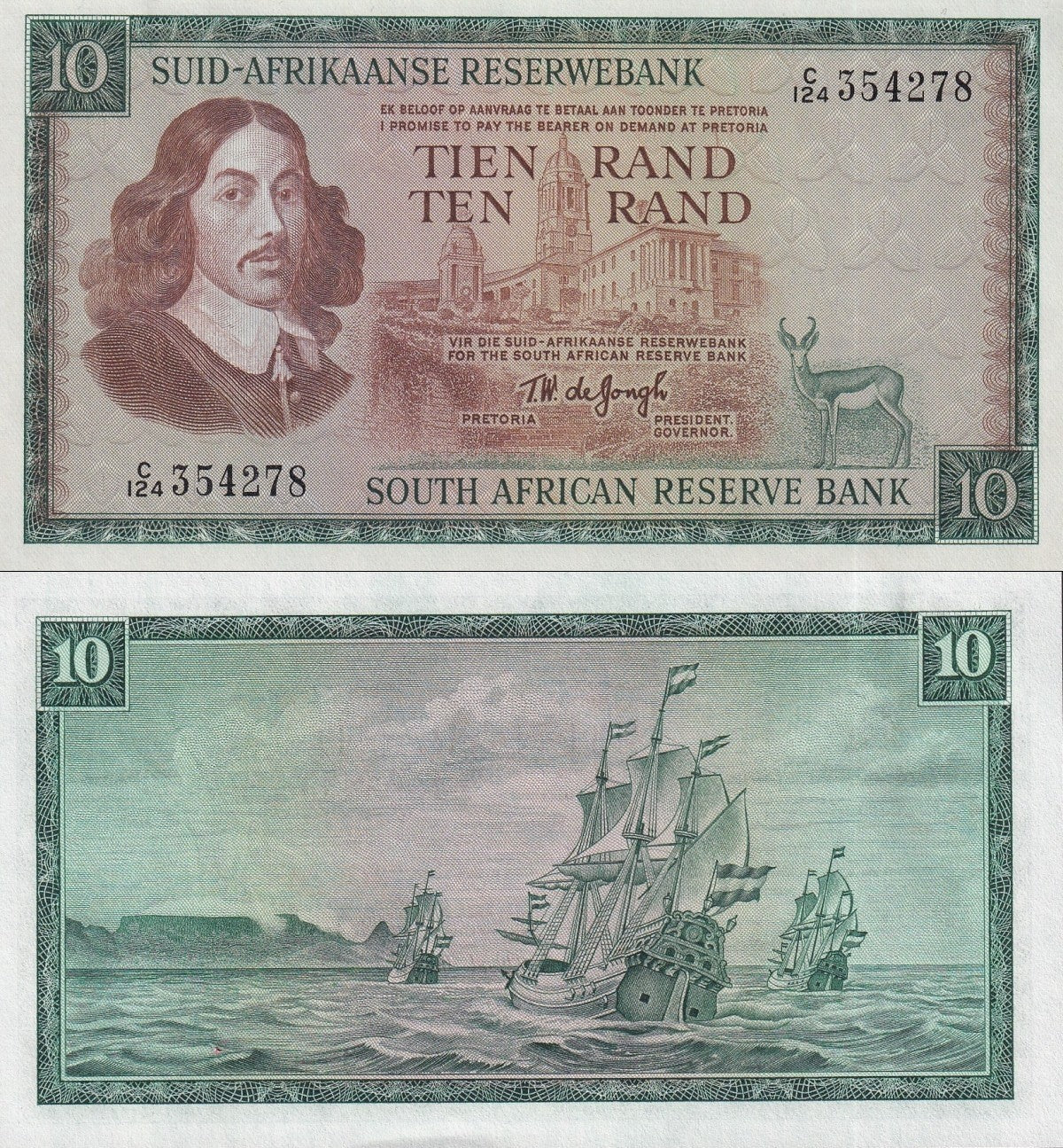 South Africa 10 Rand ND 1966-1976 P 114b watermark Springbok UNC