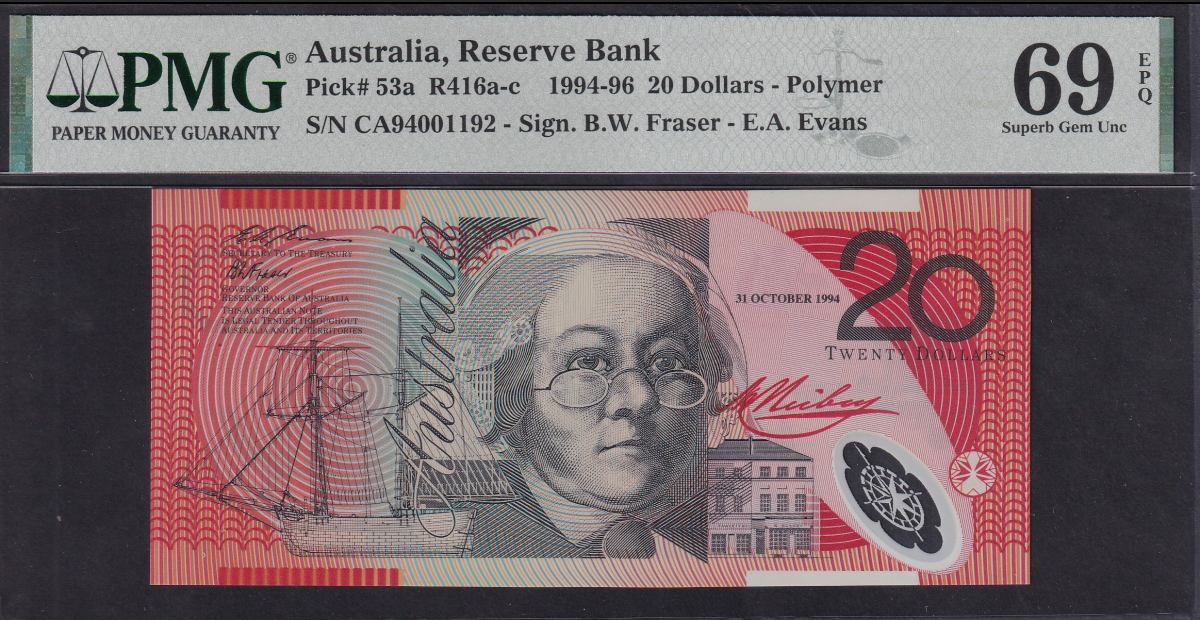 Australia 20 Dollars 1994-96 Polymer COMM. P 53a UNC PMG 69 EPQ TOP POP