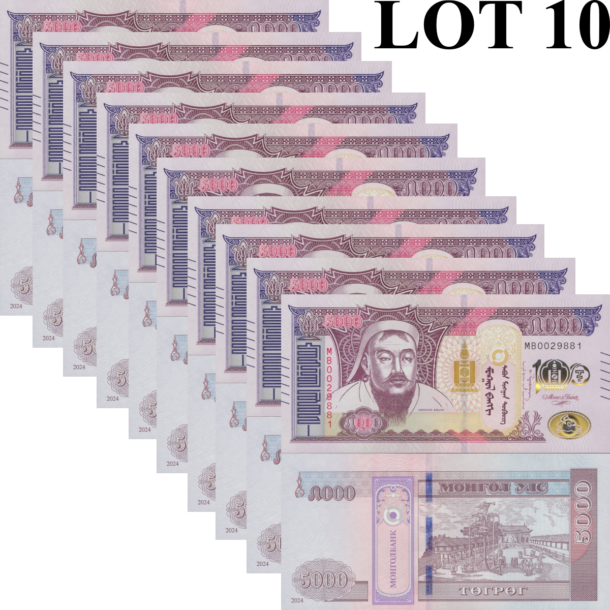 Mongolia 5000 Togrog 2024 P 80 UNC COMM. 100th Anniversary Lot 10 pcs