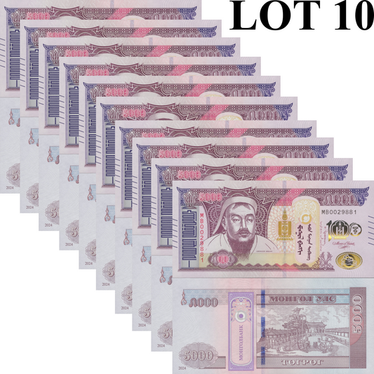 Mongolia 5000 Togrog 2024 P 80 UNC COMM. 100th Anniversary Lot 10 pcs
