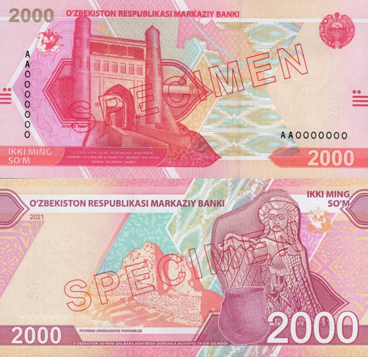 Uzbekistan 2000 So'm 2021 P 87 UNC Prefix AA SPECIMEN