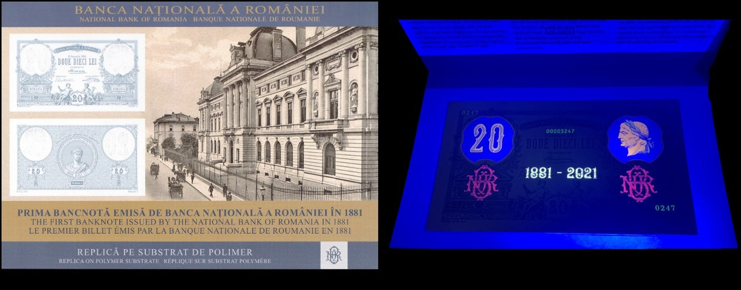 Romania 20 Lei 1881 / 2021 P 126 Polymer UNC COMM. LOW S/N 0000XXXX With Folder