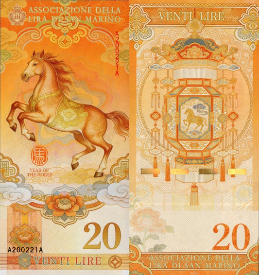 San Marino TEST NOTE 20 Lire 2026 Year of Horse Commemorative Banknote UNC