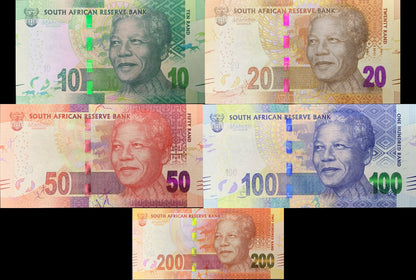 South Africa 10 20 50 100 200 Rand 2014 P 138 139 140 141 142 UNC Set 5 pcs