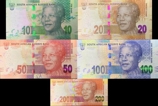 South Africa 10 20 50 100 200 Rand 2014 P 138 139 140 141 142 UNC Set 5 pcs
