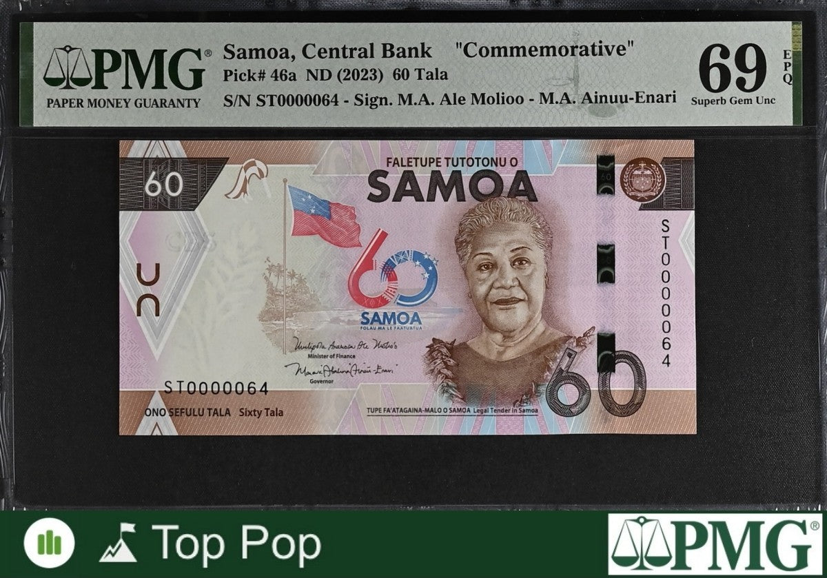 Samoa COMM. 60 Tala ND (2023) P 46a UNC PMG 69 EPQ LOW S/N 0000064 TOP POP