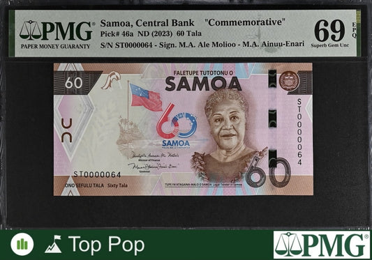 Samoa COMM. 60 Tala ND (2023) P 46a UNC PMG 69 EPQ LOW S/N 0000064 TOP POP