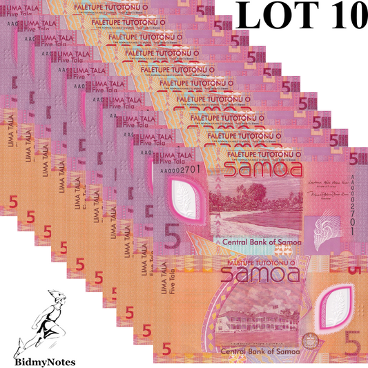 Samoa 5 Tala 2023 P 47 New Polymer  UNC AA First Prefix 1/10 Bundle LOT 10 pcs