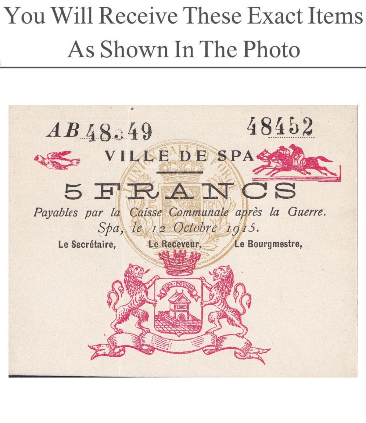 Belgium Notgeld SPA 5 Francs 1915