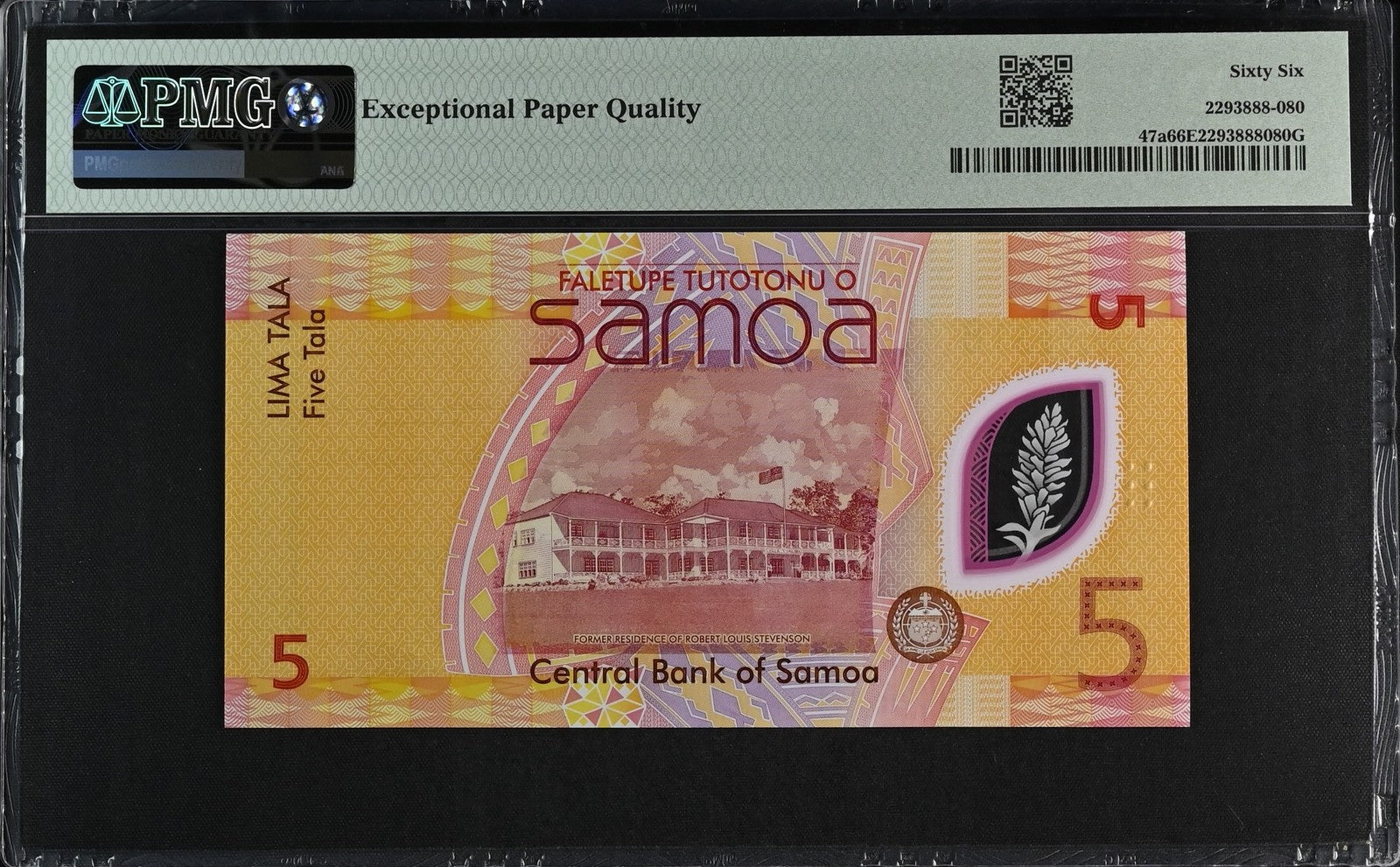Samoa 5 Tala ND 2023 P 47a Polymer UNC PMG 66 EPQ Prefix AA LOW S/N 3rd TOP POP