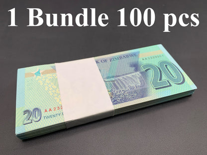 Zimbabwe 20 Dollars 2020 P 104 UNC AA First Prefix 1 Bundle Lot 100 pcs