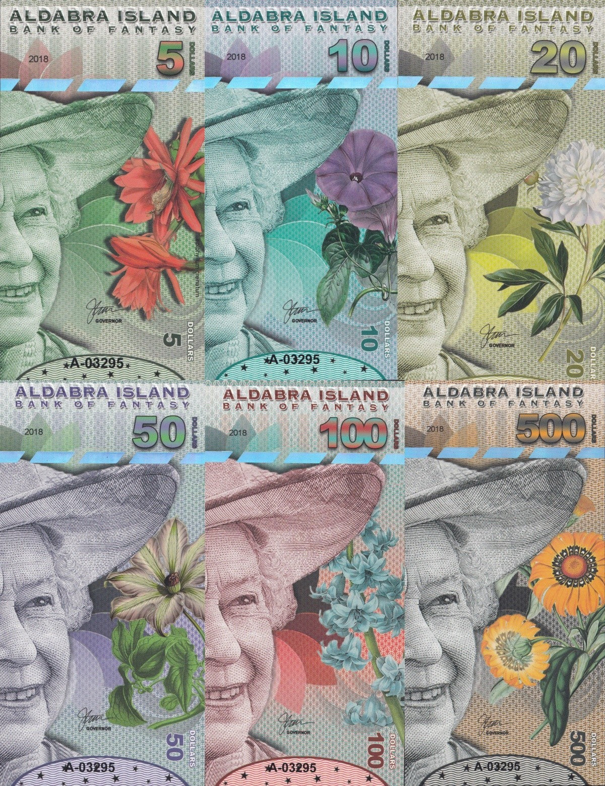 Aldabra Island 5 10 20 50 100 500 Dollars 2018 UNC Set 6 pcs Matching No.