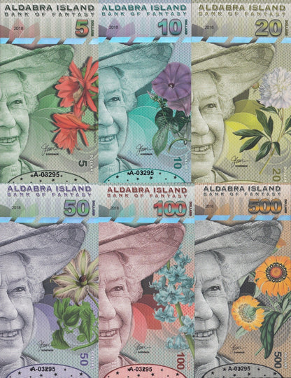 Aldabra Island 5 10 20 50 100 500 Dollars 2018 UNC Set 6 pcs Matching No.