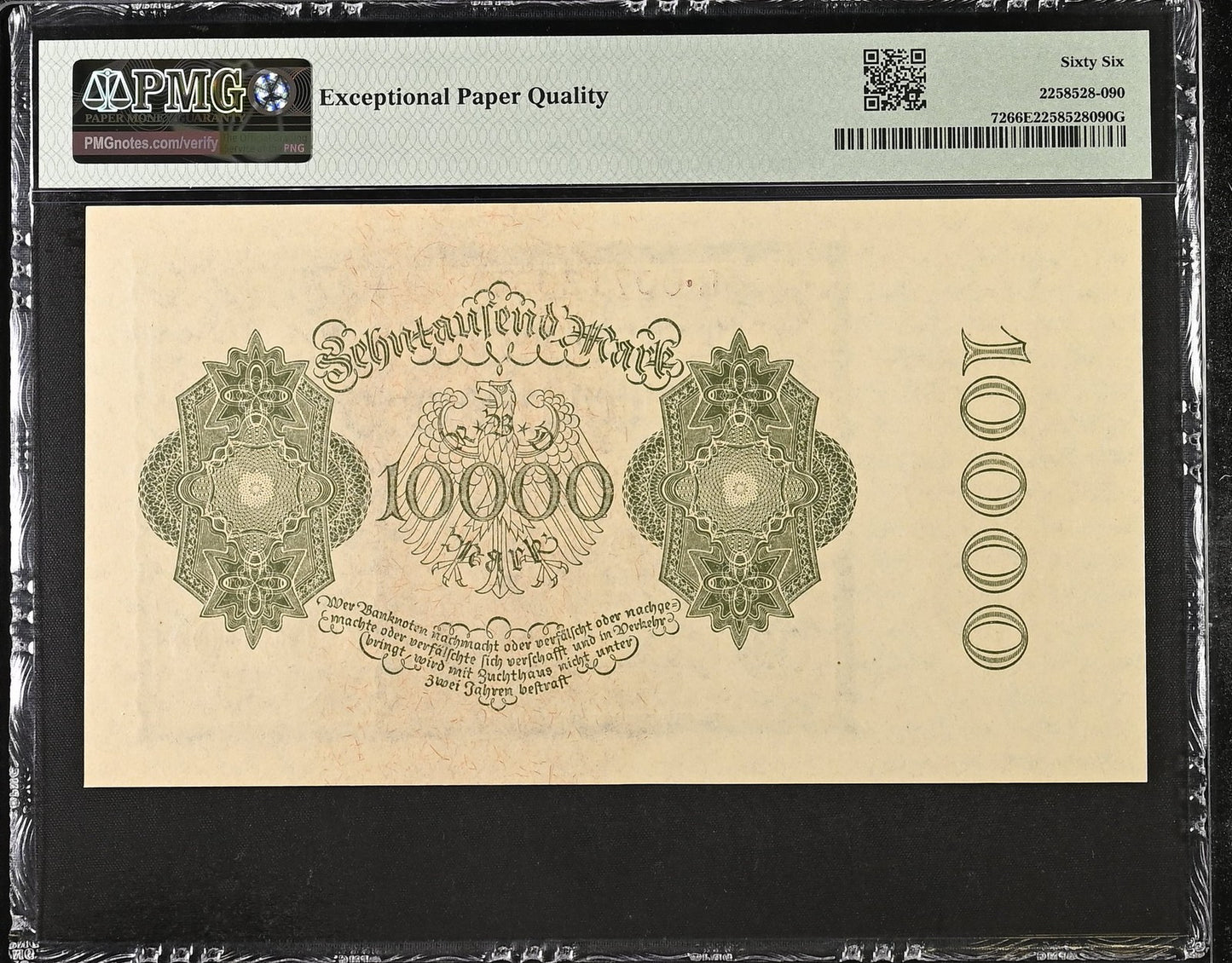 Germany Republic Treasury Note 10000 Mark 1922 P 72 UNC PMG 66 EPQ 3rd TOP POP