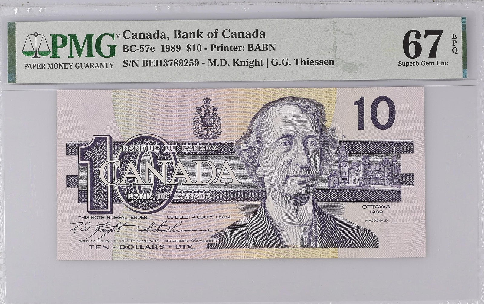 Canada Bank of Canada 10 Dollars 1989 BC-57c UNC PMG 67 EPQ 2nd TOP POP