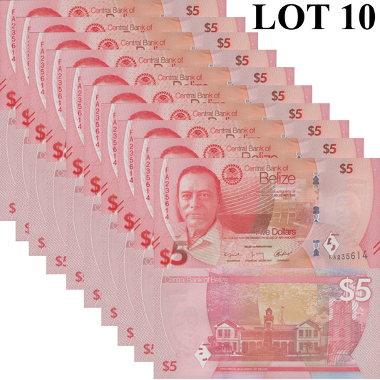 Belize 5 Dollars 2025 P New Issue UNC 1/10 Bundle LOT 10 pcs