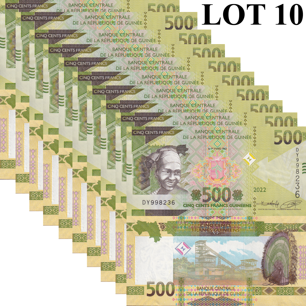 Guinea 500 Francs 2022 P 52 UNC 1/10 Bundle Lot 10 pcs