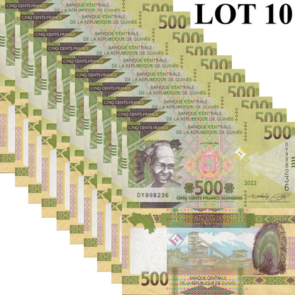 Guinea 500 Francs 2022 P 52 UNC 1/10 Bundle Lot 10 pcs