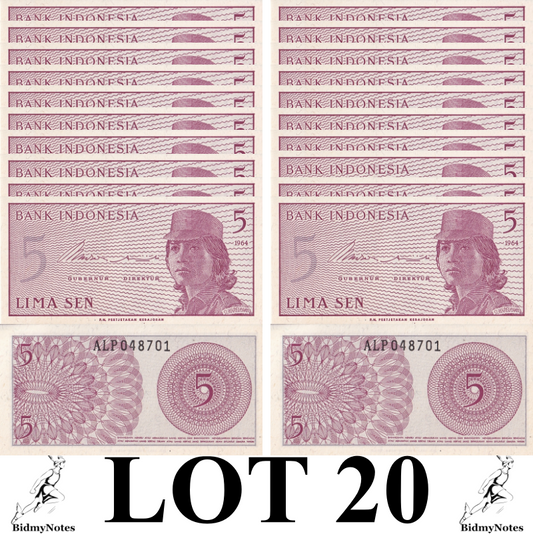 Indonesia 5 Sen 1964 P 91 UNC 1/5 Bundle LOT 20 pcs