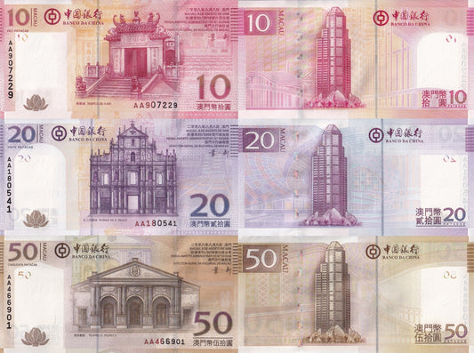 Macau Macao 10 20 50 2008 P 108a 109a 110a UNC BOC Set 3 pcs AA First Prefix