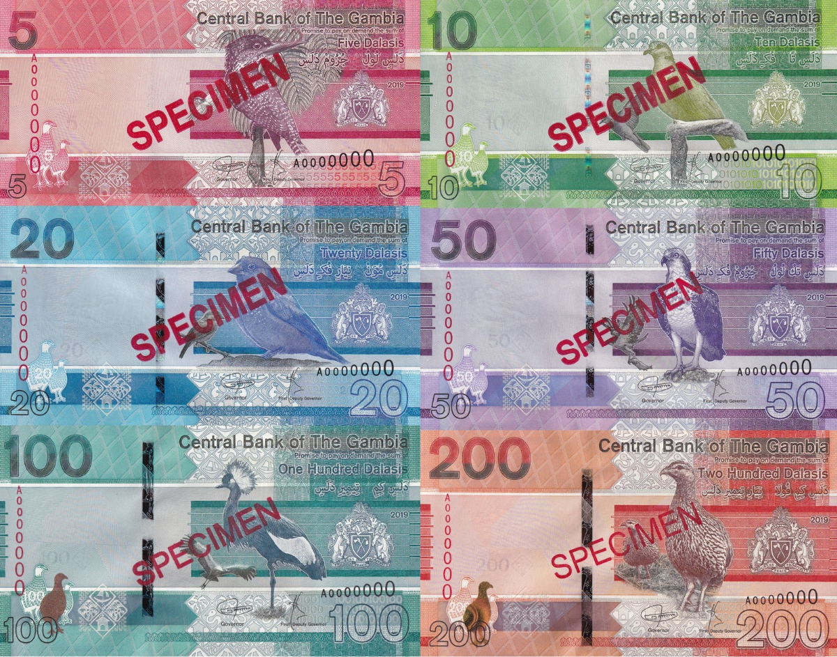 Gambia 5 10 20-200 Dalasis 2019 P 37 38 39-42 UNC A Prefix SPECIMEN Set 6 pcs