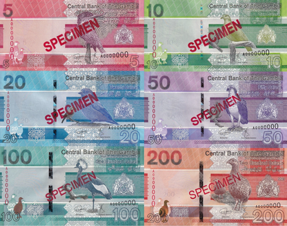 Gambia 5 10 20-200 Dalasis 2019 P 37 38 39-42 UNC A Prefix SPECIMEN Set 6 pcs