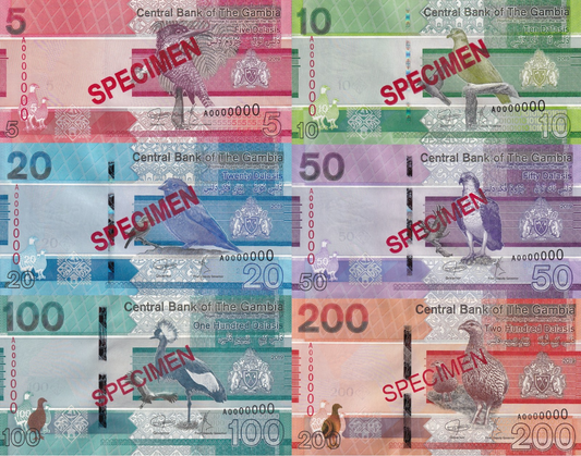 Gambia 5 10 20-200 Dalasis 2019 P 37 38 39-42 UNC A Prefix SPECIMEN Set 6 pcs