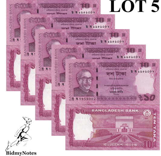 Bangladesh 10 Taka 2021 P 54 UNC 1/20 Bundle LOT 5 pcs