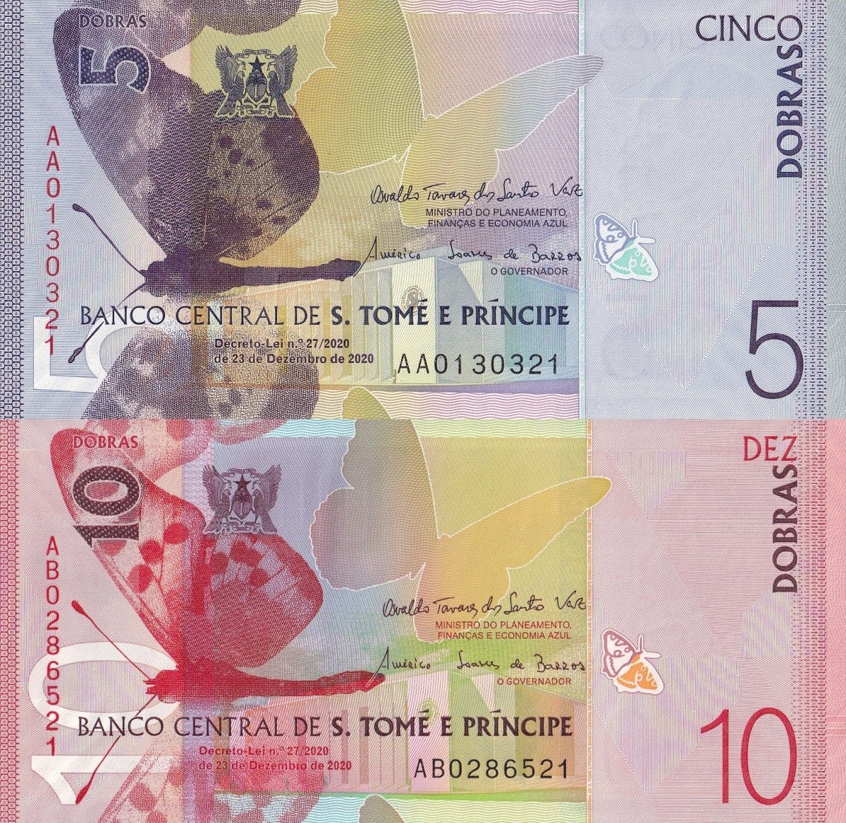 Sao Tome E Principe 5 10 Dobras 2020-2023 P 76 77 UNC Set 2 pcs
