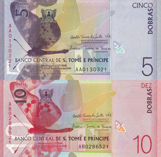 Sao Tome E Principe 5 10 Dobras 2020-2023 P 76 77 UNC Set 2 pcs