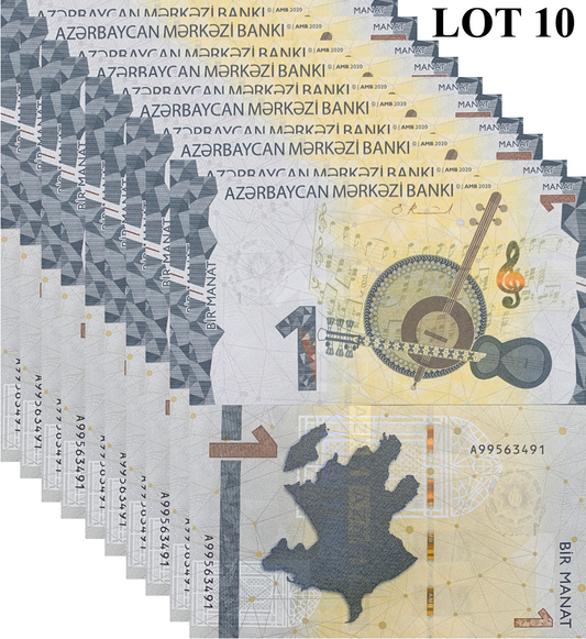 Azerbaijan 1 Manat 2020 P 38 UNC 1/10 Bundle Lot 10 pcs A Prefix