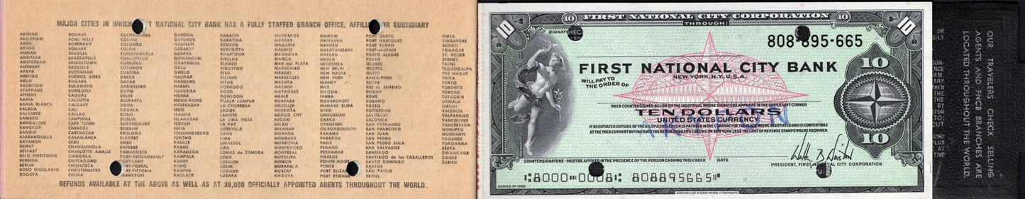 USA 10 Dollars 1969 First National City Corp. Bank Cheque UNC W/Booklet (1 Note)