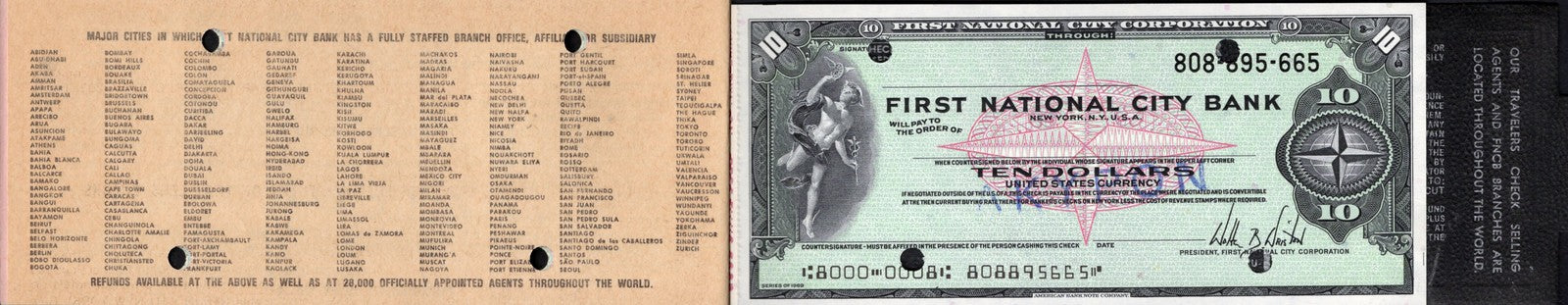 USA 10 Dollars 1969 First National City Corp. Bank Cheque UNC W/Booklet (1 Note)