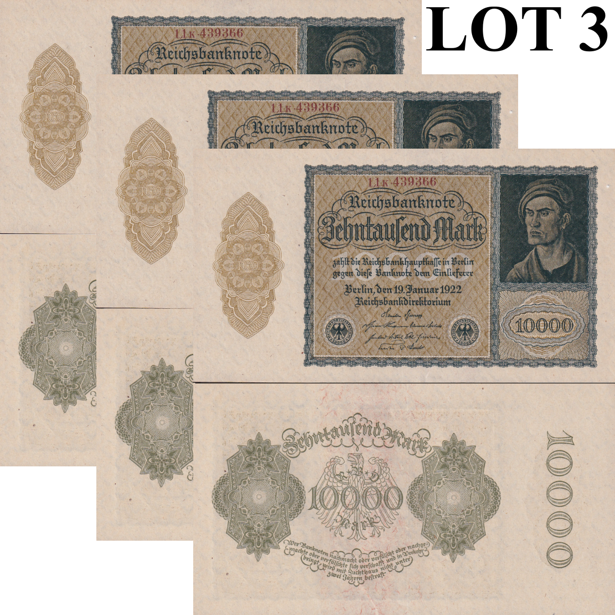 Germany 10000 Mark 1922 P 72 AU UNC Lot 3 pcs