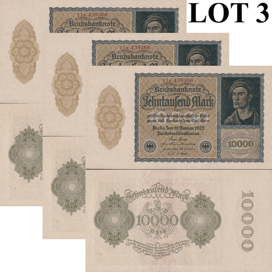 Germany 10000 Mark 1922 P 72 AU UNC Lot 3 pcs