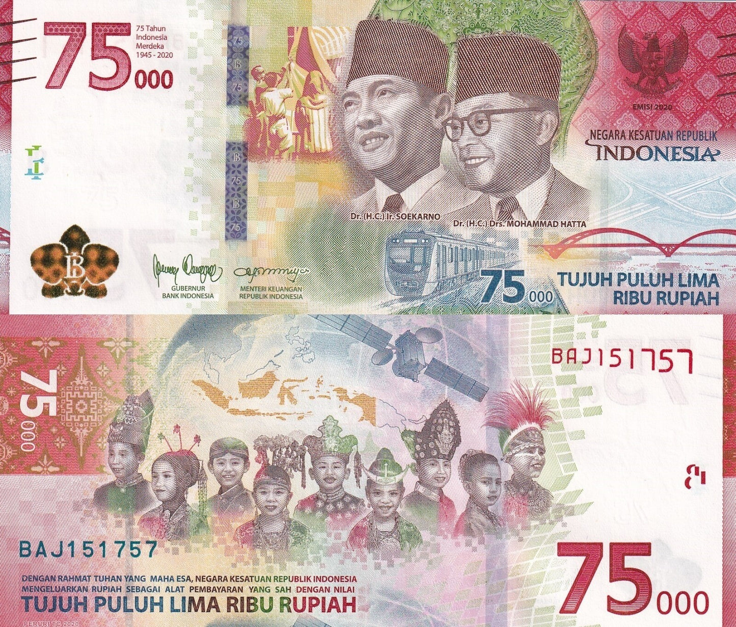 Indonesia 75000 Rupiah 2020 P 161 UNC Commemorative 1/10 Lot 10 pcs