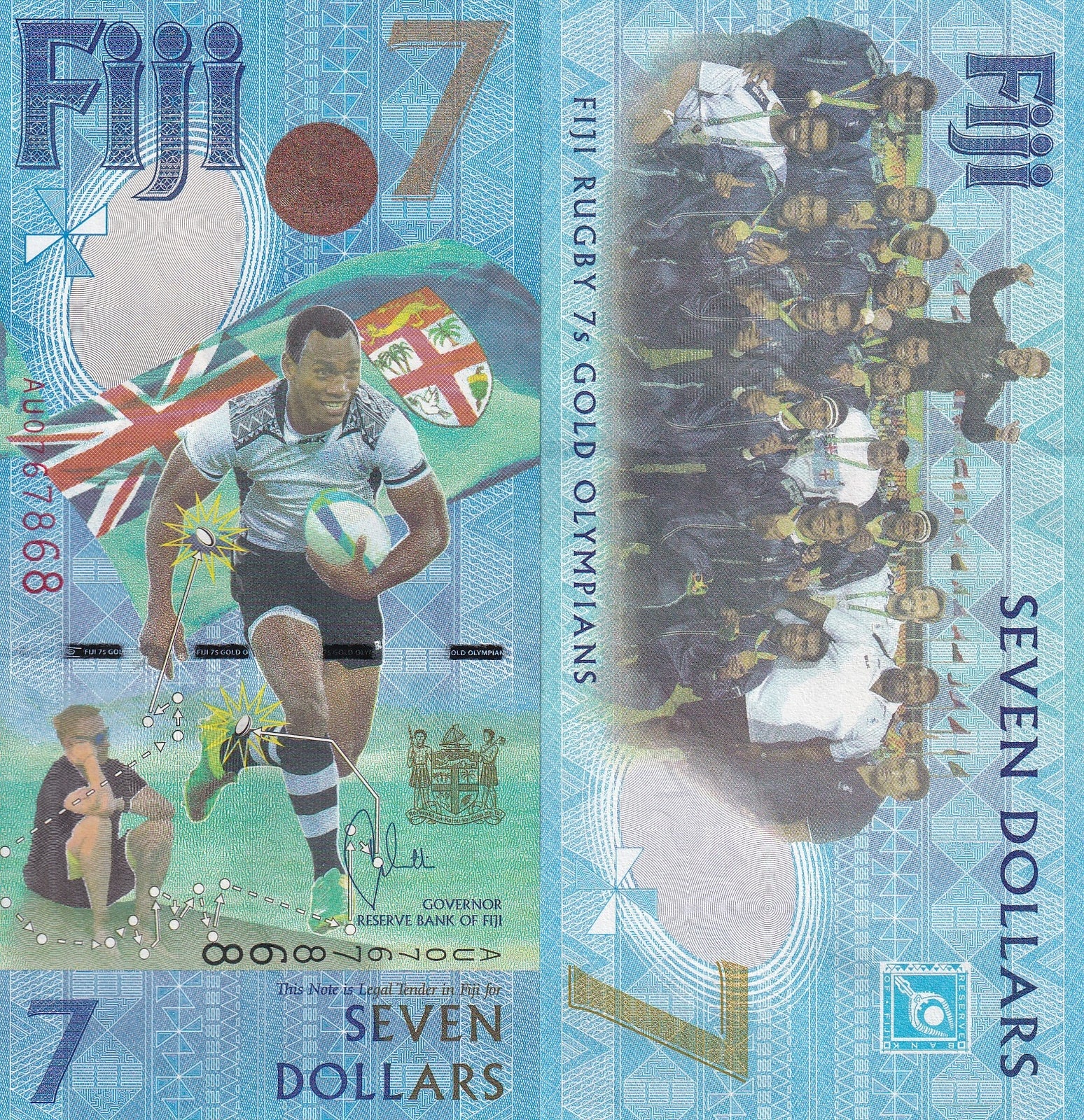 Fiji 7 Dollars 2016 P 120 Commemorative UNC Rugby 7s Gold Olympic