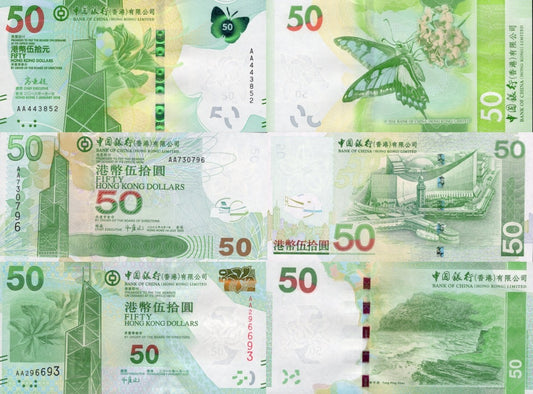Hong Kong 50 Dollars 2003-2018 P 336 342 349 UNC BOC Prefix AA Set 3 pcs