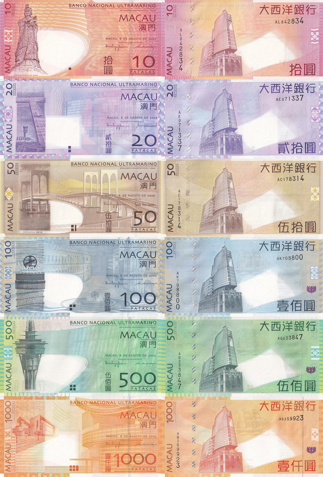 Macau Macao 10 20-1000 Patacas 2005-2009 P 80a-84a UNC BNU Set 6 pcs