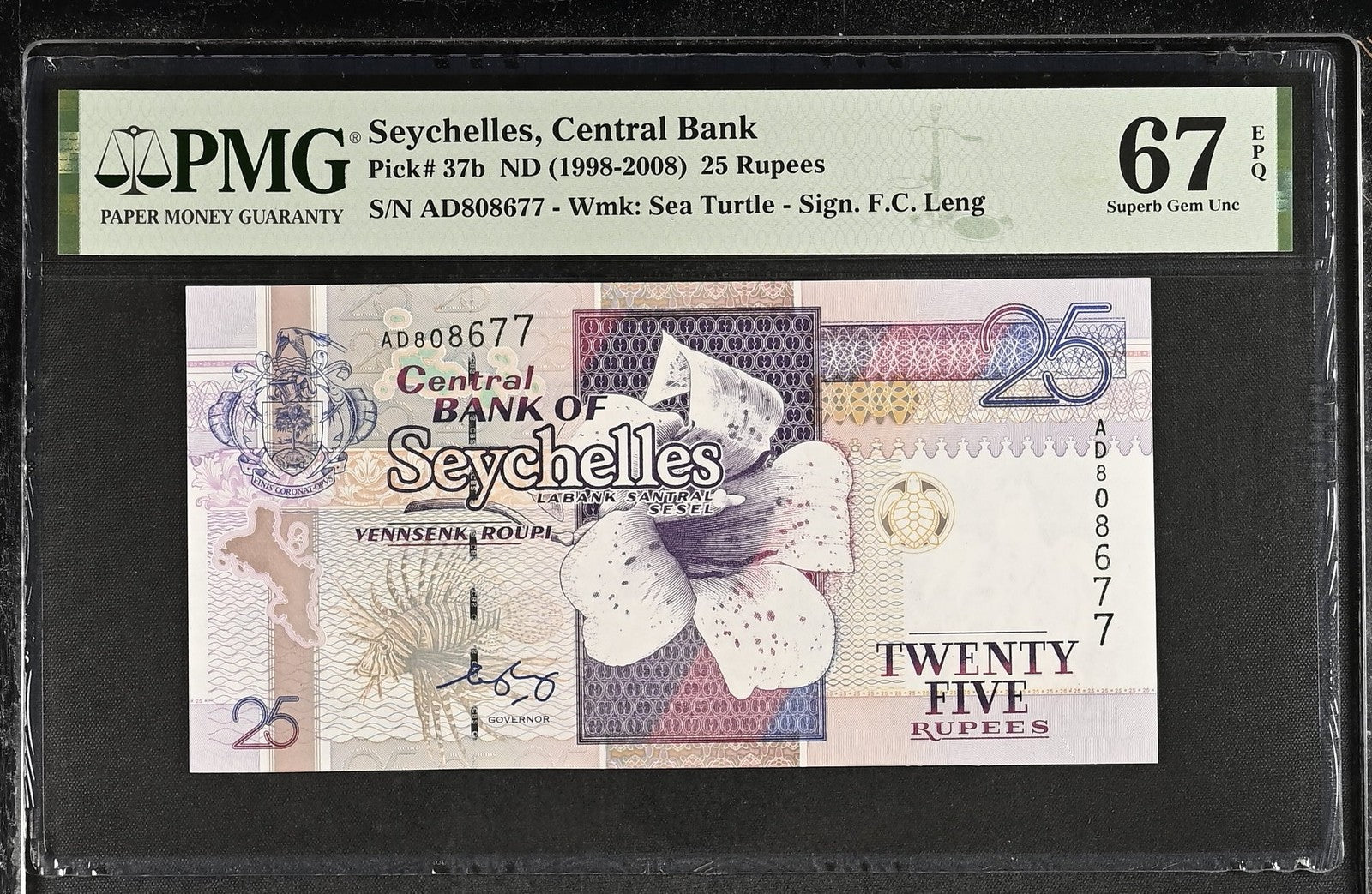 Seychelles Central Bank 25 Rupees ND 1998-2008 P 37b UNC PMG 67 EPQ 2nd TOP POP