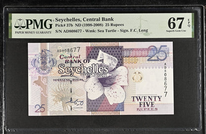 Seychelles Central Bank 25 Rupees ND 1998-2008 P 37b UNC PMG 67 EPQ 2nd TOP POP