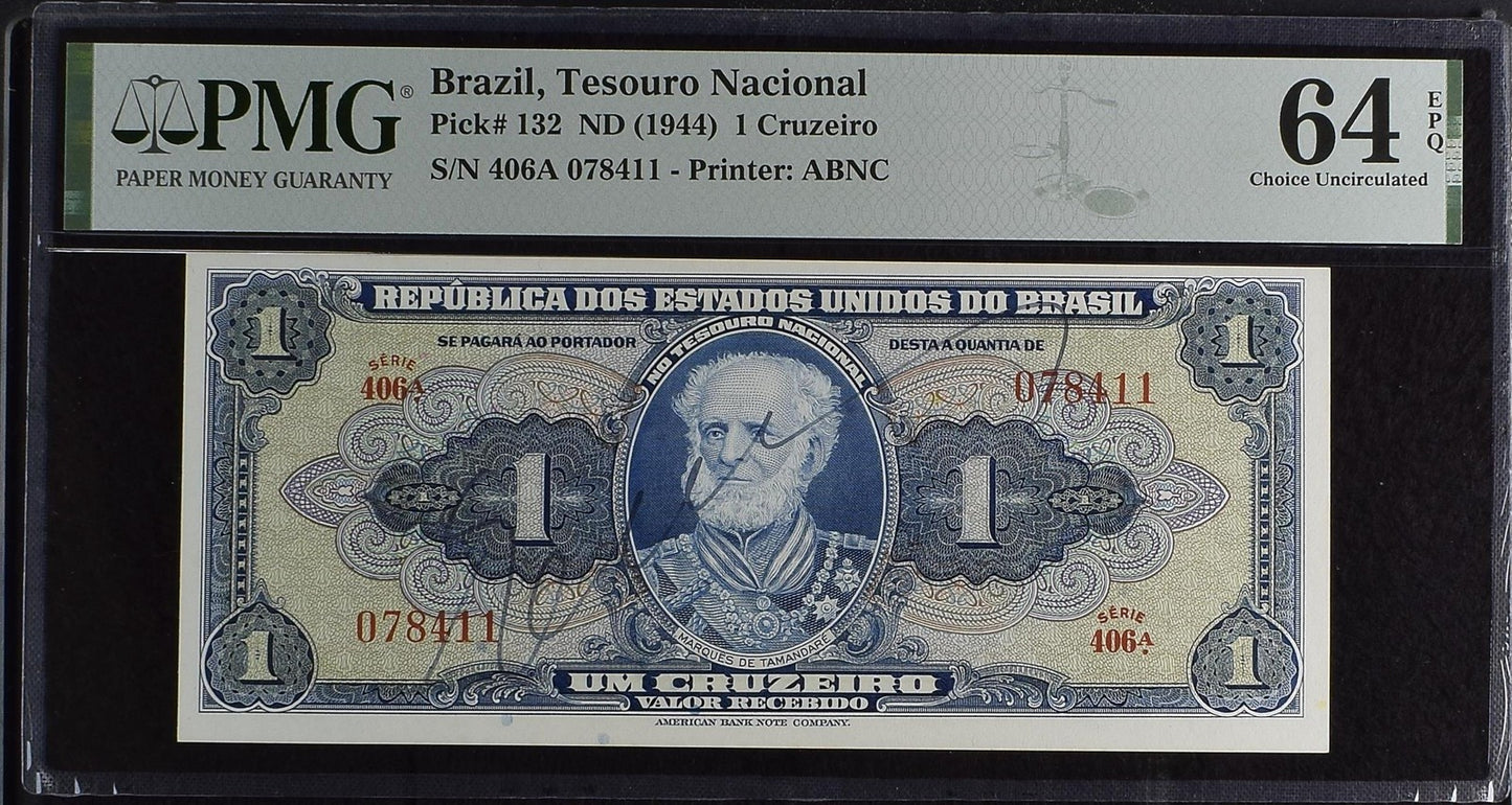 Brazil 1 Cruzeiro ND (1944) P 132 UNC PMG 64 EPQ Hand Sign Serie 406A