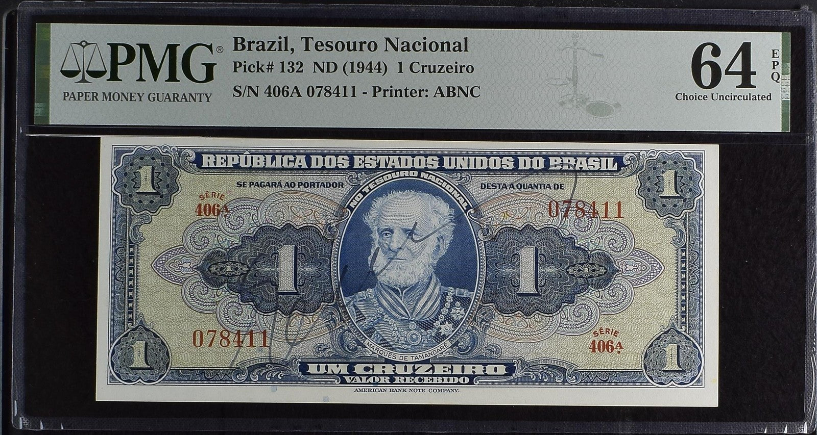 Brazil 1 Cruzeiro ND (1944) P 132 UNC PMG 64 EPQ Hand Sign Serie 406A